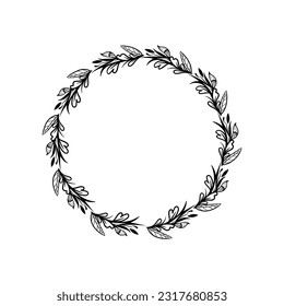 Floral Wreath branch in hand drawn style. Floral round black and white frame of twigs, leaves and flowers. Frames for the Valentine's day, wedding decor, logo and identity template.