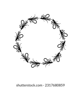 Floral Wreath branch in hand drawn style. Floral round black and white frame of twigs, leaves and flowers. Frames for the Valentine's day, wedding decor, logo and identity template.