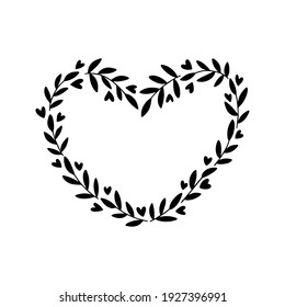 Floral wreath with branch, heart. Greeting cards template. Vector romantic frame illustration isolated on white background. For wedding invitations, holiday typography.