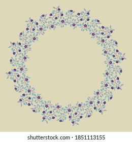 Floral wreath, branches with teal leaves and purple flowers on cream background. Vector illustration, design for poster, banner, invitation, book, fashion fabric, wrapping.