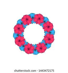 Floral wreath of bright flowers on white background. Frame template. Decorative element for scrapbook, stickers,advertisement, web, invitations and greeting cards design.