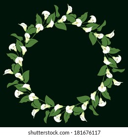 Floral wreath with bunches of calla lily on black.