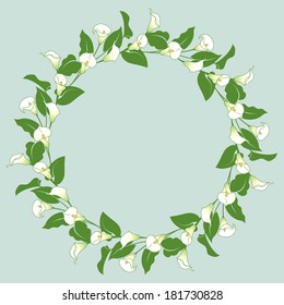 Floral Wreath With Bunches Of Calla Lily On Blue.