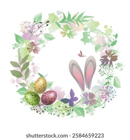 Floral wreath with bunny ears , wildflowers, eggs and butterflies. Easter frame.Vector illustration.