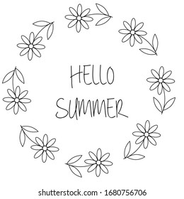 Floral wreath with chamomile or daisy flowers. Hello summer card in vector