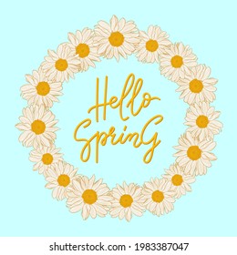 Floral wreath with chamomiles isolated on white background. Vector illustration element with copy space for text, may use for greeting cards, invitations, wedding, birthday, easter, package design.