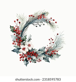 floral wreath chrismas decoration watercolor vector illustration