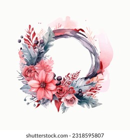 floral wreath chrismas decoration watercolor vector illustration
