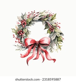 floral wreath chrismas decoration watercolor vector illustration