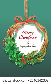 floral wreath christmas decoration watercolor vector illustration for card, frame art