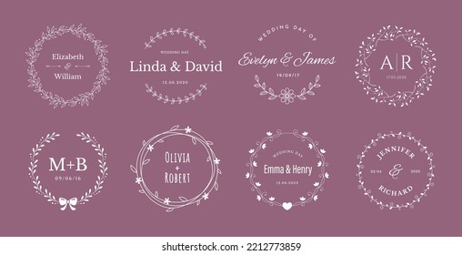 Floral wreath and circle frames for wedding logo or invitation design. Vector templates set.