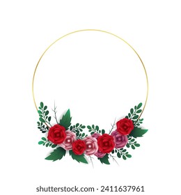 Floral wreath in a circle with a gold frame. - Vector.