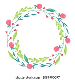 Floral wreath with clover, leaves and branches on white background. Perfect for wedding invitation and holiday greeting cards.