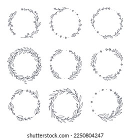 Floral wreath collection, hand drawn vector illustration isolated on white.