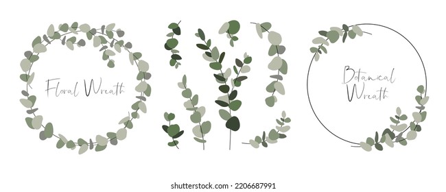 Floral Wreath collection on white background. Set frame of eucaliptus branches. Round icon in a trendy minimalistic linear style. Vector Floral logo.