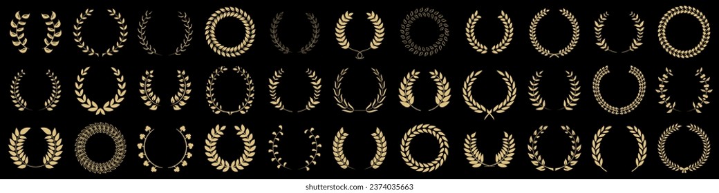 Floral wreath collection. Set of golden laurel wreath element for winner, award, champion. Tree branch wreath. Laurel wreath frame collection