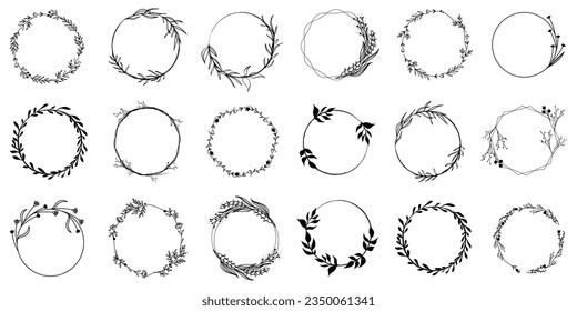 Floral wreath collection. Set of vintage tree branch wreath for design. Hand drawn floral frames with flowers, branch and leaves. Flower and leaf wreath frame decoration