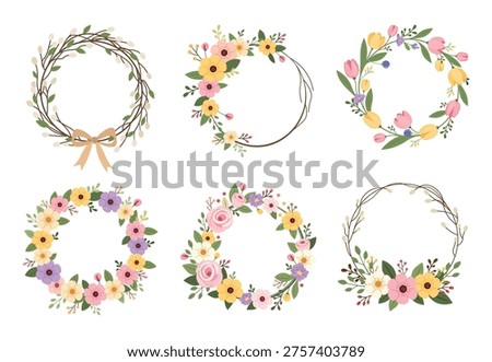 Floral wreath collection, spring flower frames set for wedding invitations and greeting cards. Collection of elegant floral wreaths with spring flowers and botanical elements. Includes round frames with roses, tulips and wildflowers in soft pastel colors. Perfect for wedding invitations, greeting cards, branding, logos and seasonal designs. Isolated on light background.