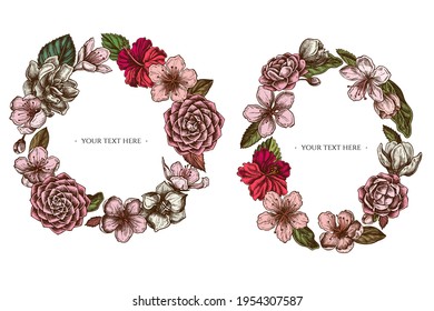 Floral Wreath of colored hibiscus, plum flowers, peach flowers, sakura flowers, magnolia flowers, camellia japonica