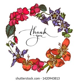 Floral Wreath of colored impatiens, tigridia, aquilegia
