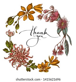 Floral Wreath of colored japanese chrysanthemum, blackberry lily, eucalyptus flower