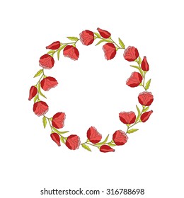 Floral wreath with colorful flowers and leaves isolated on white background. Vector illustration.