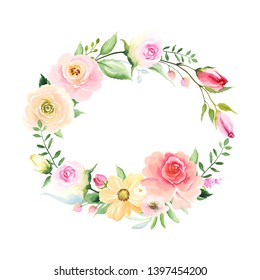 Floral wreath with colorful roses, buds and green leaves, frame for your design. Vector illustration in vintage watercolor style.