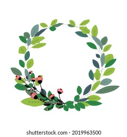 Floral Wreath with Copy Space. Green leaves and Pink Flower in circle frame. Elements for inspirational quotes, wedding,greeting card,template, poster,print ,celebration.Vector Illustration.