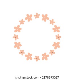 Floral wreath with cute pink daisies isolated on white background. Round frame with flowers. Vector hand-drawn illustration. Perfect for cards, invitations, decorations, logo, various designs.