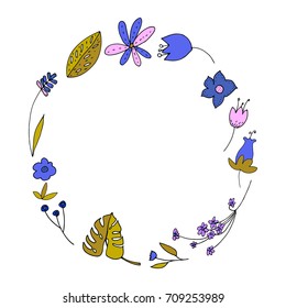 Floral Wreath with cute simple flowers and leaves. Great for greeting cards, wedding invitations, save the date, decorations, quote, etc. Vector illustration