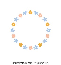 Floral wreath with cute tiny daisies isolated on white background. Round frame with flowers. Vector hand-drawn illustration. Perfect for cards, invitations, decorations, logo, various designs.