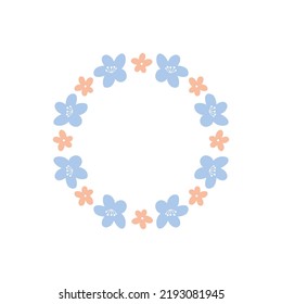 Floral wreath with cute tiny daisies isolated on white background. Round frame with flowers. Vector hand-drawn illustration. Perfect for cards, invitations, decorations, logo, various designs.