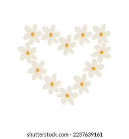 Floral wreath from daisies in the shape of heart on white background. May use for greeting cards, invitations, wedding, birthday.Vector illustration