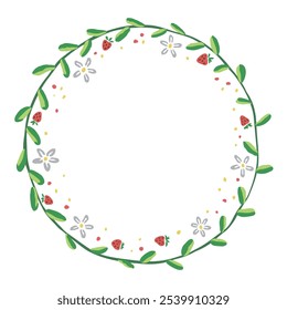 A floral wreath with delicate white daisies and red strawberries. The wreath is perfect for adding a touch of nature and whimsy to your designs