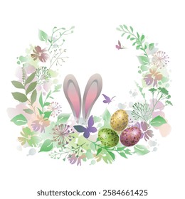 Floral wreath design with bunny ears , wildflowers, eggs and butterflies. Easter background.	Vector illustration.