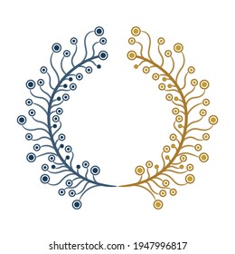 Floral wreath and design elements. Hand drawn decorative outline and golden graphics. Part of set.