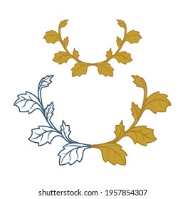 Floral wreath and design elements. Hand drawn decorative outline and golden graphics. Part of set.