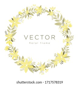  Floral. Elegante marco primaveral con flores y hojas. Aislado sobre fondo blanco. Plantilla para diseño de tarjetas de felicitación o invitación de boda. Dibujo plano romántico.