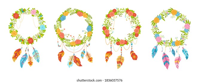 Floral wreath with feathers, boho style cartoon set. Colorful flowers, dreamcatcher and bird feathers, talisman sweet dream. Native American indian design, space for text. Vector ethnic bohemian style