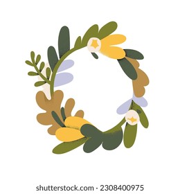 Floral wreath. Flower and leaf circle frame. Botanical design element with leaves and delicate blossomed blooms. Floristic nature decoration. Flat vector illustration isolated on white background