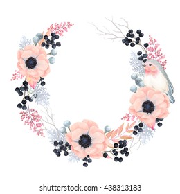 Floral Wreath with flowers Anemones, leaves, branches, wild Privet Berry and Robin bird, vector floral illustration in vintage watercolor style. 