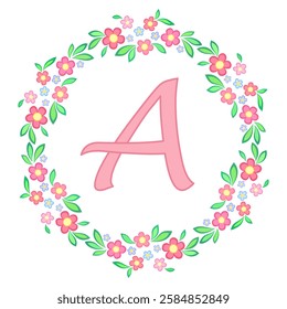 Floral wreath of flowers and letter A in country style. Flowers in shadows of pink on white background. Romantic graceful floral illustration. Delicate spring bouquet of plant. Summer mandala.