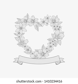 Floral wreath of flowers in the shape of a heart. Monogram hand drawn style. Template for wedding, save the date, invitation card, decoration, tattoo, restaurant, boutique, cafe. Vector background.
