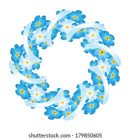 floral wreath with forget me not flowers and blue ribbon
