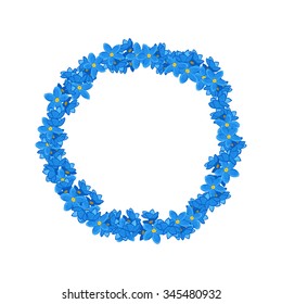 Floral Wreath With Forget-me-not. Round  Frame Made Of Blue  Small Flowers on isolated White Background. Good for invitations or Save The Date Cards.