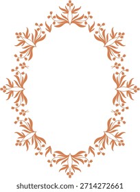 La corona floral forma un marco ovalado con hojas simétricas y pequeños cogollos, líneas limpias y composición aireada. Símbolo de elegancia, celebración, espacio de invitación para texto. Ilustración vectorial de dibujos animados.