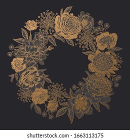 Floral wreath. Frame of beautiful peonies, roses and other garden flowers. Black and gold. Vintage. Vector illustration. Template for greetings, wedding decor and invitations. Hand drawing.