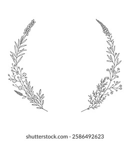 Floral wreath, frame of branches with leaves and flowers. Garland of twigs, black outline, isolated on white. Botanical sketch for wedding decoration, and design projects. Vector illustration