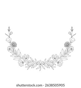 Floral wreath, frame of branches with leaves and flowers. Garland of twigs, black outline, isolated on white. Botanical sketch for wedding decoration, and design projects. Vector illustration