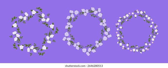 Floral Wreath Frame Collection. Set of three floral wreaths with white, pink and lavender flowers on green leafy branches. Flat hand-drawn style on purple background.
